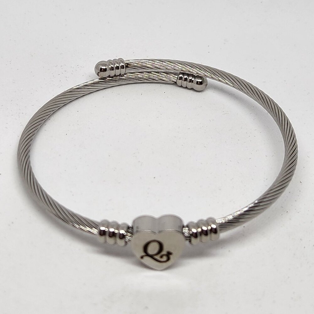 Initial Q Heart Coil Bangle Bracelet Silver Tone